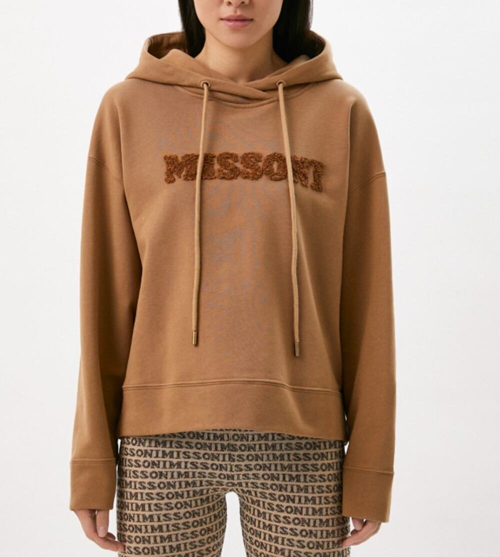 Missoni Women's Boucle Logo Hoodie Sweatshirt Tiger's Eye Tan XS 100% Cotton